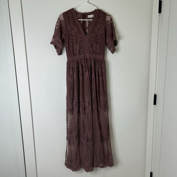 Altard State Dress Women’s Small Maxi Lace V-Neck Flutter Sleeve Back Zip Mauve - Picture 1 of 10